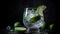 Cold cocktail with lime, tonic, vodka and ice on black background, generative ai