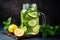 Cold drink with cucumber and lime. Infused cucumber drink with mint. Detox water