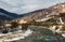 Cold flow of river in snowy mountains