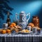 Cold full beer mug with Beirian pretzels on the wooden table covered with traditional blue and white tablecloth during Oktoberfest