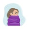 The cold girl wrapped herself in a blanket with a thermometer. Cold season. Flat vector illustration