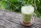 Cold Green Tea Milk Beverage or Cold Drinks Right Frame Crosswise View