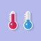 Cold hot icon temperature thermometer sticker vector or red blue warm heat and cool freeze scale degree measurement flat graphic