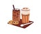 Cold iced coffee served with cookies. Refreshing summer beverages with caffeine and milk. Espresso tonic with straw