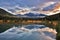 The cold lake, forest and snow mountains in Canada