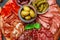 Cold meat plate with salami, chorizo sausage and prosciutto ham