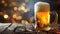 cold mug with beer, with overflowing froth, on wooden table and dark background with copy space, side view