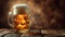 cold mug with beer, with overflowing froth, on wooden table and dark background with copy space, side view