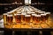 Cold mugs and glasses of beer on the old wooden table at the black background. Assortment of beer