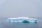 Cold peaceful scene on a snowy foggy day, flat iceberg floating in the Southern Ocean, Antarctica