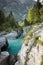 Cold pure Soca river great gorge canyons, Slovenia