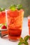 Cold and refreshing strawberry basil cocktail, spring or summer cocktail or mocktail