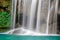 Cold river waterfall cascade falling down on stones, Clean blue water flows on cascades of Erawan park in Thailand