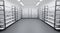 Cold room in warehouse with empty racks, white shelves on metal base. Interior of industrial storage freezer with walls