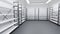 Cold room in warehouse with empty racks, white shelves on metal base. Interior of industrial storage freezer with walls