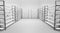 Cold room in warehouse with empty racks, white shelves on metal base. Realistic interior of industrial storage freezer