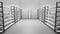 Cold room in warehouse with empty racks, white shelves on metal base. Realistic interior of industrial storage freezer