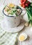 Cold russian soup with fresh vegetables, eggs and meat