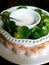 Cold salad with broccoli, shrimp and Greek yogurt dip