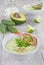 Cold soup with cucumber, avocado and shrimps