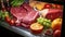 Cold Storage Elegance. Raw Meat\\\'s Place in the Open Refrigerator. Generative AI