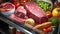 Cold Storage Elegance. Raw Meat\\\'s Place in the Open Refrigerator. Generative AI