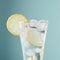 Cold summer healthy transparent citrus water with lemon, ice cubes, soda in misted glass on pastel green background, top, closeup.