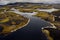 Cold summer landscape in valley with Iceland aerial river