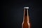 Cold unopened bottle of beer with cap on black background. Glass of refrigerated wheat or lager beer on dark background