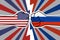 Cold war of the USA and russia. US flag fist vs russian flag fist. American russian military confrontation. Vector flat icon