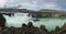 Cold water in Iceland. Godafoss waterfall in rocky mountains. Fr