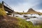 Cold water in Iceland. Waterfall in rocky mountains. Fresh and g