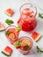 Cold watermelon, lime, mint drink. Copy space