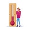 Cold Weather Concept. Freezing Female Character Wearing in Warm Winter Clothes Stand at Huge Thermometer, Freeze