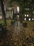 This cold and wet London evening in Grey Friars park covered with autumn leaves yellow in the churchs& x27; lights