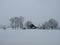 Cold winter day, snowfall, farm and trees