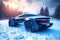 cold winter transportation snow electric car automobile vehicle transport road. Generative AI.