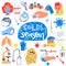 Colds season doodle set. Symptoms, equipment and concepts. lettering compositions.