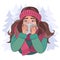 Colds, seasonal flu. A girl with a runny nose in warm clothes