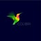 Colibri logo. Two colorful hummingbirds, isolated on dark background.