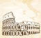 Coliseum Colosseum drawing on a grunge vintage beige background with map of Italy