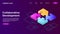 Collaborative development, isometric business concept vector. Color puzzle elements or icons on ultraviolet background