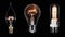 Collage of 3 Edison lamps blinking over black, looped video