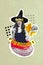 Collage 3d image of pinup pop retro sketch of attractive young witch bat mask brain blood halloween decoration wizard