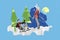 Collage 3d image of pinup pop retro sketch of funny couple dating sled have fun new year x-mas magazine sketch christmas