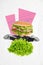 Collage 3d image pinup pop retro sketch of funny young man burger instead head eating green salad freak bizarre unusual