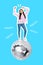 Collage 3d image of pinup pop retro sketch of happy smiling lady having fun big disco ball isolated painting background