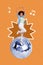 Collage 3d image of pinup pop retro sketch image of woman dancing huge disco ball isolated orange painting background