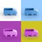 Collage of 3D rendered minimalistic cars in four different vibrant colors
