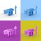 Collage of 3D rendered minimalistic industrial buildings in four different vibrant colors